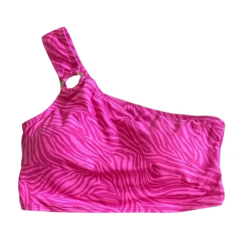 Michael Kors Pink Zebra One Shoulder Bikini Top Gold Ring Detail NWT Large
